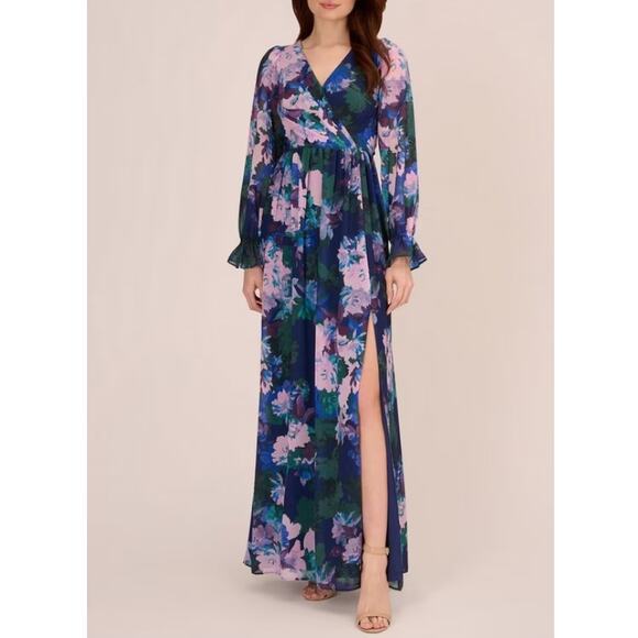 Adrianna Papell Dresses & Skirts - New ADRIANNA PAPELL Women's Navy Multi Floral Print Chiffon Maxi Dress Size 8